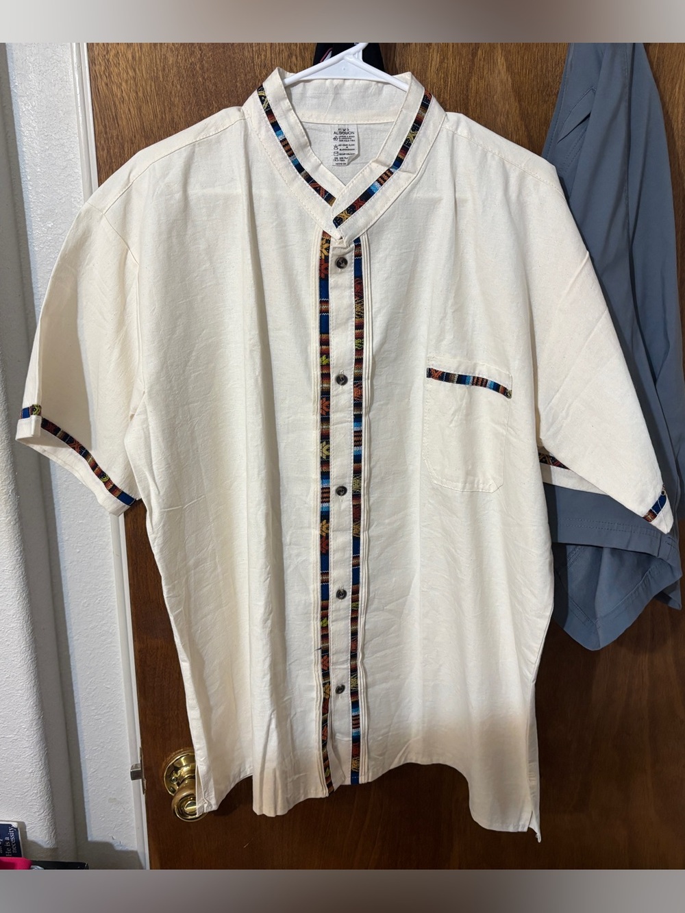 Brand New Traditional Guatemala Cream Collarless Button Up Shirt - Men’s XL